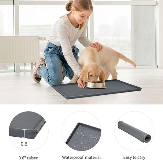 Dog Food Mat,Silicone Waterproof Food Tray,Non Slip Pet Bowl Mats Placemat,0.6" Raised Edge,Suitable for Most Small and Medium Sized Pets,18.5" x 11.5"