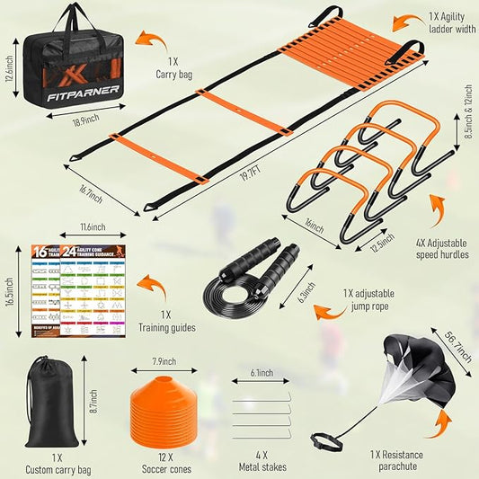 Agility Ladder, Soccer Football Training Equipment Set - 20ft Speed Ladder, 4 Hurdles,Parachute, 12 Cones & Jump Rope | Agility & Speed Training for Kids Youth Adults,Basketball & Football Accessories