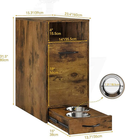 DWVO Dog Feeding Station with Storage, Dog Food Cabinet with 2 Feeder Bowls, Pull Out Elevated Dogs Bowl, Rustic Brown