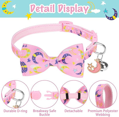 SCENEREAL Cat Collar Breakaway 3 Pack - Safety Kitten Collar with Bells Moons Stars Bowtie, Spring Summer Pet Accessory for for Girl Boy Male Outdoor and House Cats Kitty Adjustable 7''-12''