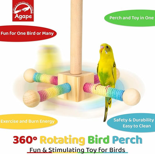 Agape Bird Toy, Parrot 360° Interactive Rotating Perch, Bird Cage Accessories for Small and Medium Parrots to Expend Energy, Wooden Stand for Parakeets Cockatiels Lovebirds Conures Finches Budgies