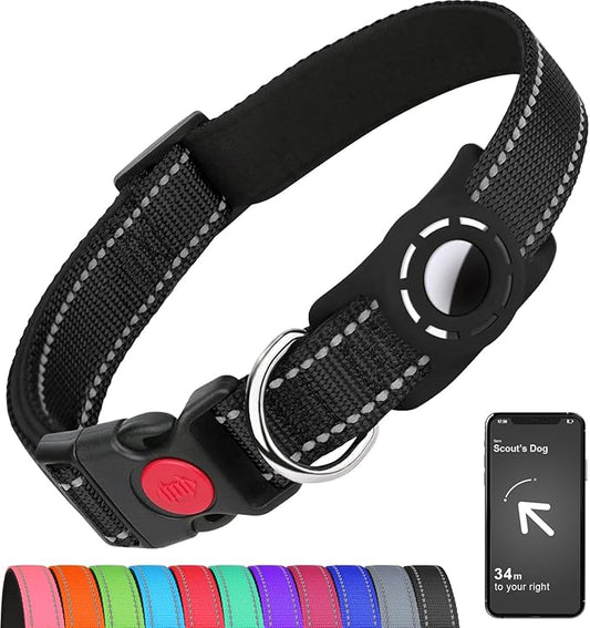 Airtag Dog Collar with AirTag Holder for Large Dogs, Reflective, Soft Padded & Safety Locking Buckle, Nylon Pet Collars Adjustable for All Breeds, Black,L
