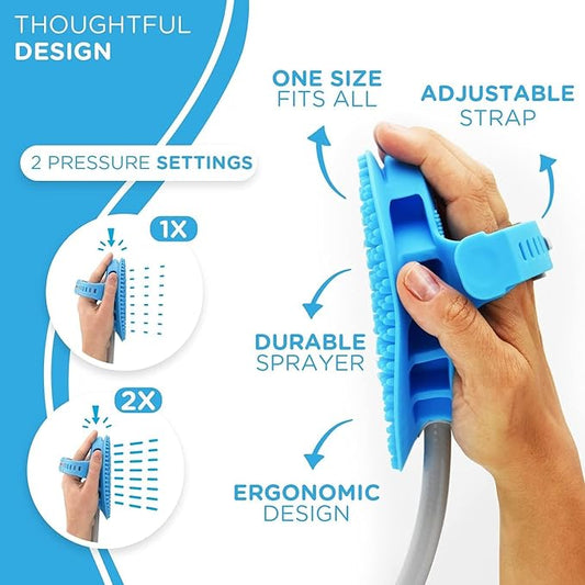 Aquapaw 5-in-1 Horse & Dog Bath Brush & Curry Comb - XL Blue Silicone - Includes 3-ft Shower Hose Attachment & Adapter - Adjustable Spray Scrub Massager - Great for Horses & Big Dogs