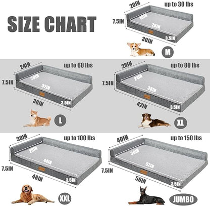 Patas Lague Orthopedic XL Dog Bed Large Sized Dog 48''X30'', Waterproof L Bolster Big Large Pet Sofa Beds with Removable Washable Cover, Soft Comfortable Pet Couch Crate Mat with Nonskid Bottom, Grey
