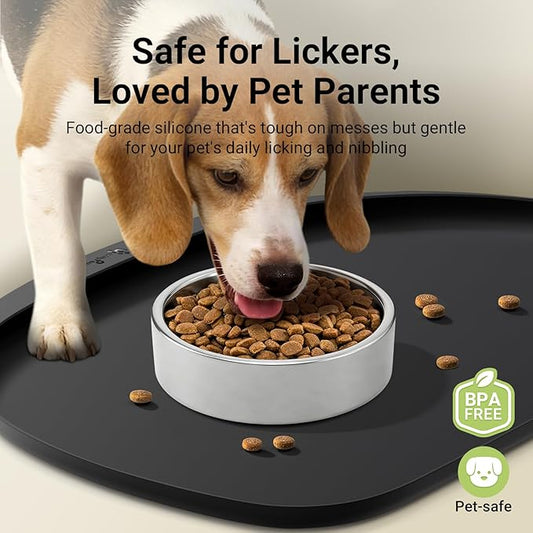 DownyPaws Dog Food Mats for Floors Waterproof, BPA Free Silicone Dog Bowl Mat, Non-Slip Pet Feeding Mat with High Raised Edge, Cat Placemat for Messy Drinkers, 24"×17", Black