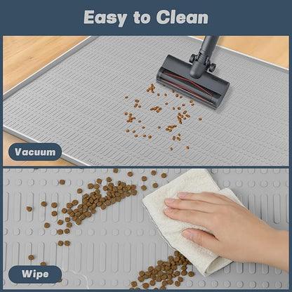 47" x 35" Silicone Cat Food Mat, Waterproof Pet Feeding Mat with Raised Edge, Extra Large Cat Bowl Mat Water Bowl Placemats for Cats, Non-Slip, Protects Floors, Easy to Clean (Light Gray)