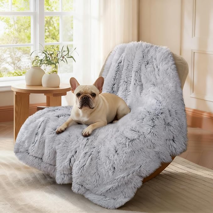 Luciphia Large Waterproof Dog Blanket Pet Washable Liquid Proof Furniture Protector Medium Shaggy Plush Calming Long Faux Fur Bed Cover for Couch Cat Blankets Kitten Doggy, Mist Grey, 40" x 50"