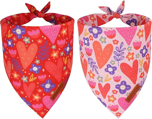 ADOGGYGO Valentines Dog Bandana 2 Pack, Heart and Floral Print Puppy Scarf Bib, Adjustable Fit Red Pink Valentines Bandanas for Small Dogs Pets (Small)