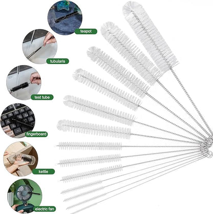 CiaraQ Bottle Cleaning Brushes, 8 Inch Nylon Tube Brush Set, Cleaner for Narrow Neck Bottles Cups with Hook, Set of 13pcs, White