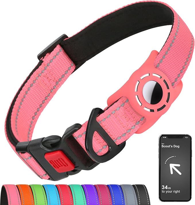 Airtag Dog Collar with AirTag Holder for Puppy Small Dogs, Reflective, Soft Padded & Safety Locking Buckle, Nylon Pet Collars Adjustable for All Breeds, Pink,XS