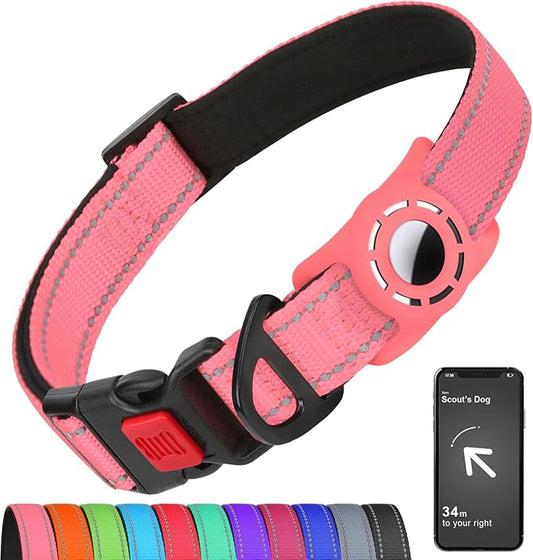 Airtag Dog Collar with AirTag Holder for Large Dogs, Reflective, Soft Padded & Safety Locking Buckle, Nylon Pet Collars Adjustable for All Breeds, Pink,XL
