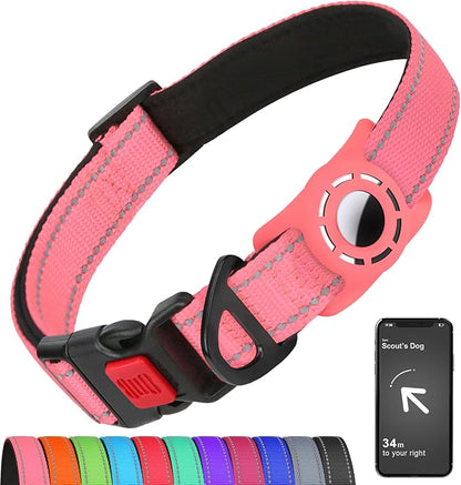 Airtag Dog Collar with AirTag Holder for Small Dogs, Reflective, Soft Padded & Safety Locking Buckle, Nylon Pet Collars Adjustable for All Breeds, Pink,S