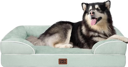 EHEYCIGA Orthopedic Dog Beds for Extra Large Dogs, Waterproof Memory Foam XXL Dog Bed with Sides, Non-Slip Bottom and Egg-Crate Foam Big Pet Couch Bed with Washable Removable Cover, Sage Green