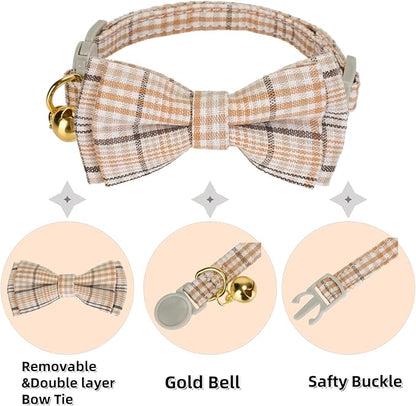 2 Pack Cotton Cat Collar, Removable Bowtie, Plaid Pattern, Safety Breakaway Clasp, Adjustable for Cats.(Adult Cat, Beige and Red)