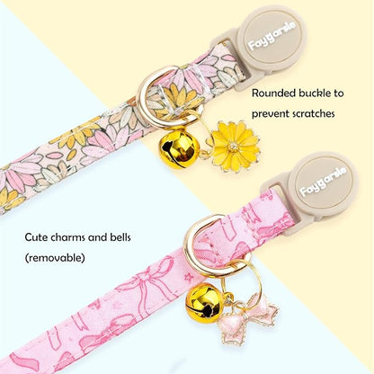 Faygarsle 2 Pack Pink Bow Floral Pattern Cat Collars Breakaway Safety Collar with Bell Spring Summer Design for Girl Cats,Pink Yellow