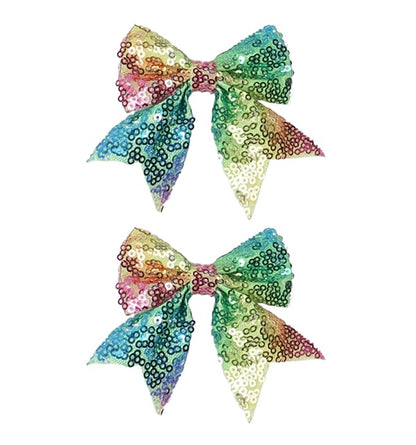 3-inch Sequined Bow Hair Clips For Baby Girls, Toddler, Kids and Young Women Birthday Party Wedding Christmas Occasions Pet Accessories Set of 2 (Rainbow Green)
