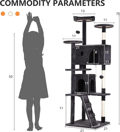 BestPet | 70" Cat Tree Tower | Dark Gray | Sturdy, Easy to Assemble, Multi-Level Activity Center with Sisal Scratching Posts, Condos, Perches, Hanging Cat Toys, Observation Decks & Ladder