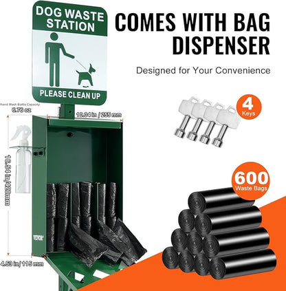VEVOR Dog Waste Station with Hand Wash Bottle, 11.5 Gallons Pet Waste Bin with 50 Can Liners, Bag Dispenser & 600 Waste Bags, Outdoor Dog Waste Disposal System for Backyard