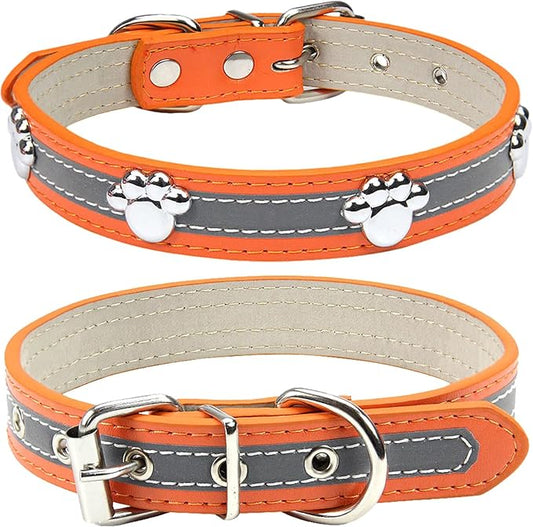 PETCARE Reflective Dog Collar with Cute Paw Rivet Studded Funny Soft PU Leather Adjustable Puppy Dog Collars for Small Medium Large Dogs Cats (Orange,Small)