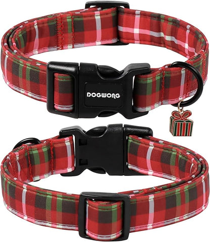 DOGWONG Christmas Plaid Dog Collar, Cute Adjustable Red Collar for Boy and Girl Dogs, Dog Collar with Strong Plastic Buckle for Small Medium Large Dogs,S