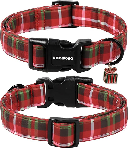 DOGWONG Christmas Plaid Dog Collar, Cute Adjustable Red Collar for Boy and Girl Dogs, Dog Collar with Strong Plastic Buckle for Small Medium Large Dogs,L