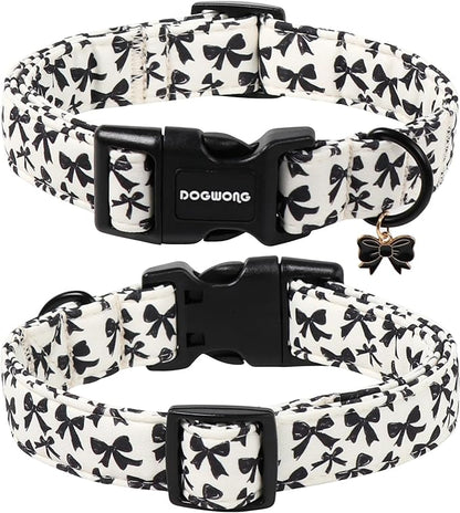 DOGWONG Cute Dog Collar, Black Bow Pattern Dog Collar, Girl Female Dog Collars with Strong Plastic Buckle for Medium Large Dogs,L