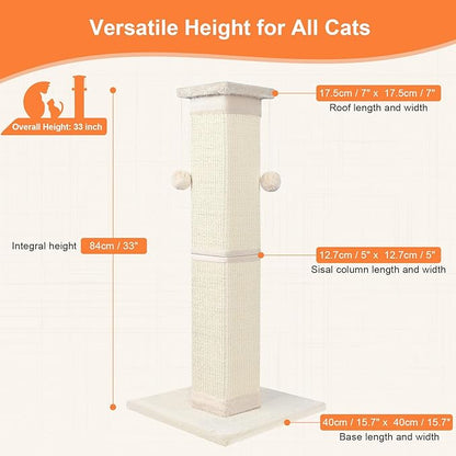 Cat Scratching Post 33 Inch Nature Sisal Cat Scratch Post for Indoor Cats, Large Cat Scratcher Protect Your Furniture, for All Breeds