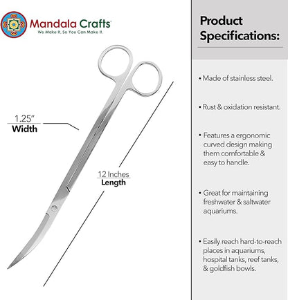 Mandala Crafts 12 Inches Silver Stainless Steel Curved Aquarium Scissors for Trimming Aquatic Plants – Bent Aquascape Scissors for Fish Tanks, Hospital Tanks, Goldfish Bowls, and Terrariums
