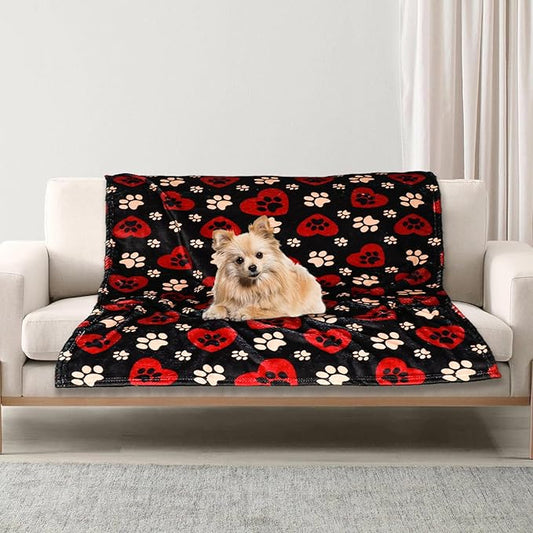 Dog Blankets for Large Dogs, 50"x40" Blanket Washable, Fuzzy Soft Pet Mat Throw Cover for Kennel Crate Bed, Cute Paw Pattern, Cat Blanket, Gifts Medium Small Pet Essentials, Black Red