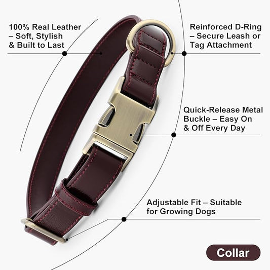 Plutus Pet Genuine Leather Dog Collar – Adjustable Pet Collar with Quick Release Metal Buckle, Soft Real Leather for Small Medium Large Dogs, Heavy Duty & Skin-Friendly (Copper Brown, L)
