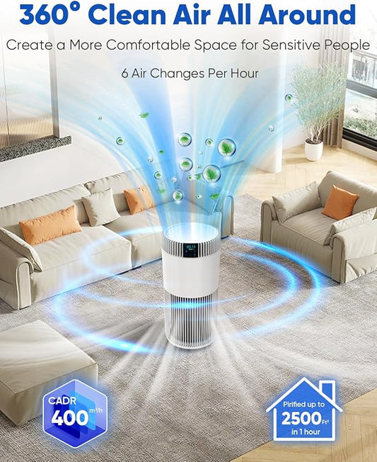 Air Purifier for Home Large Room 2500 Ft² with Washable Filters, Pet Air Purifier for Bedroom with PM2.5 Sensor, 20dB Sleep Mode, 360° Purification,12H Timer,Remove Dust, Odor, Smoke,White