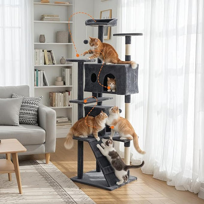 DUMOS 80-inch Indoor Cat Tree Tower –Multi-Level Pet House for Large Cats with 2 Condos, Scratching Posts, Round Platform, Small Ladder, and Toys, Grey