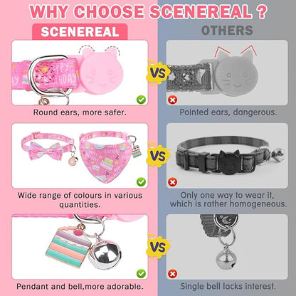 SCENEREAL Cat Bandana Collar for Birthday - 2 Pack Breakaway Kitten Collars With Bell Bowtie, Accessories for Pets, Adjustable Cute for Cats and Small Dogs Boys Girls, (Pink)