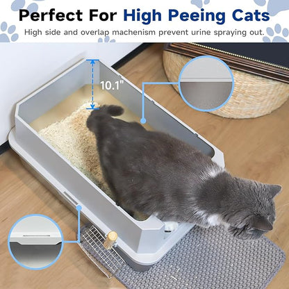 TENTIZON Stainless Steel Cat Litter Box with Lid, Large Covered Enclosed Kitty Litterbox with Hood, Flip Top, High Side, Litter Mat, Scoop for Big Cats, Kitten, No Odor, No Mess, Easy Clean