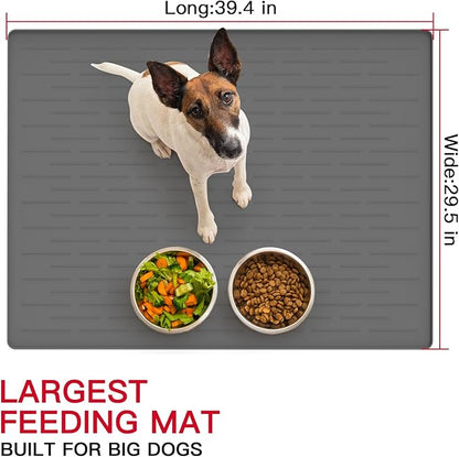 39.4"x29.5" Large Pet Food Mat, Silicone Dog Mats for Food and Water, Nonslip Pet Feeding Mats for Floors,Dog Cat Bowl Mat with Raised Edges, Beige