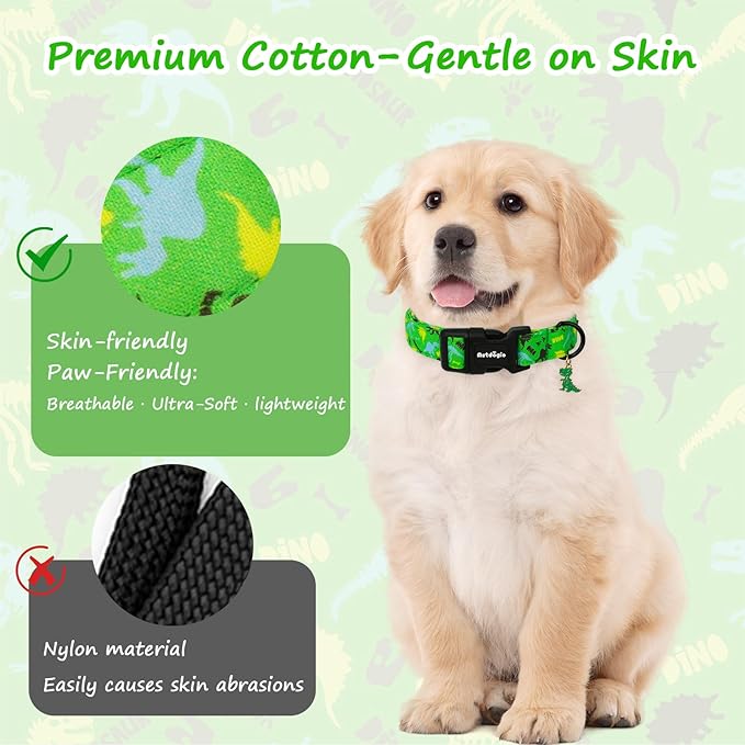 Dinosaur Dog Collar，Green with Multicolor Dino Pattern Handmade Cotton Collar for Small Medium Large Dogs, Adjustable & Comfortable Puppy Collar for Daily Walks, Park Adventures or Photos-XS
