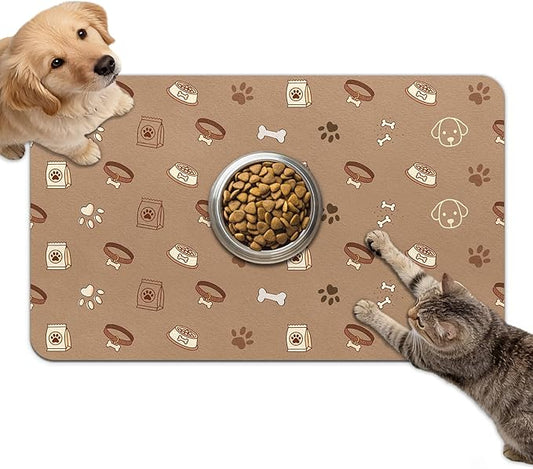 Dog Food Mat for Bowls, Absorbent Quick Dry Dog Cat Mats for Food and Water, Non-Slip Backing Pet Mat Pet Supplies - Bone Pattern