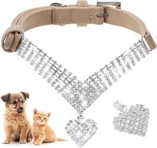 EXPAWLORER Cute Dog Necklace - Rhinestone Dog Collar, Soft Velvet Collar for Girl Boy Cats Dogs, Sparkling Pet Neck Decoration, Adjustable Pet Collar for Puppies Cats Small Medium Dogs, Brown M