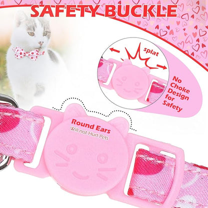 EXPAWLORER Valentines Cat Collar Breakaway with Bells - 2 Pack Holiday Cat Collars with Removable Bow Tie and Bandana, Adjustable Valentines Day Pet Collar for Cats Kittens, Pink Heart