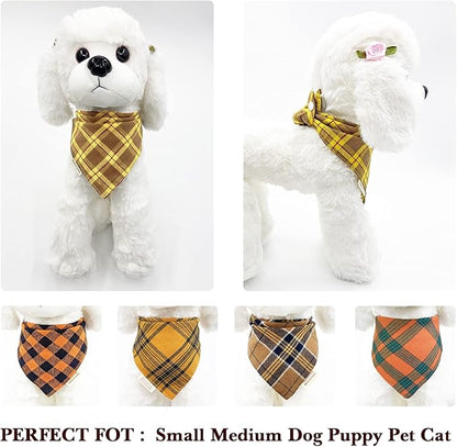 5PCS Dog Bandanas with Button - Thick Triangle Bibs Dual Layer Soft Cotton Scarves for Small Medium Boy Girl Puppy Cat Pet Baby Square Plaid Printing Washable Kerchief Halloween Costumes Outfits
