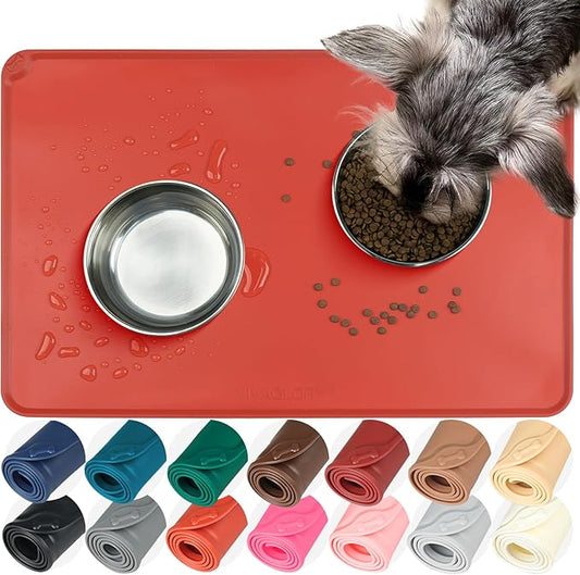 VIVAGLORY Dog Food Mat Flexmat Dog Bowl Mat, Placemat Food Tray with Raised Edges & Lip for Indoor Floor, Non Slip Waterproof Silicone Dish Placemat for Cat & Pet, L, Orange