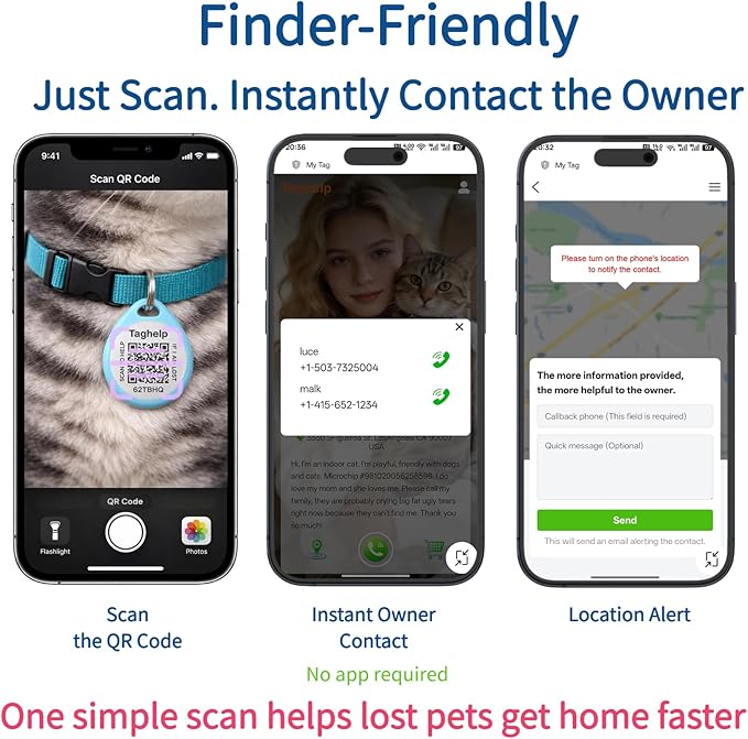 2 Pack QR Code Cat ID Tags for Collar, Personalized Smart Cat Tag with Online Profile, Scan to Contact Owner, No Battery No Subscription, Anti-Lost Cat ID Tag (1")