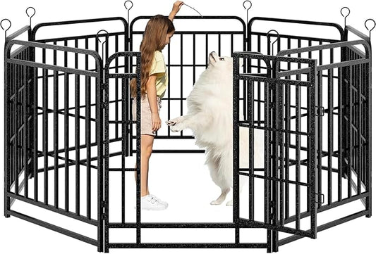 Dog Fence Outdoor 8 Piece Panels 32" Height, Square Steel Pipe with Reinforced Crossbars, Anti-Rust Heavy Duty Dog Playpen with Doors Portable for Yard RV Camping, Total 18FT, 25 Sq.ft, Snowy Black