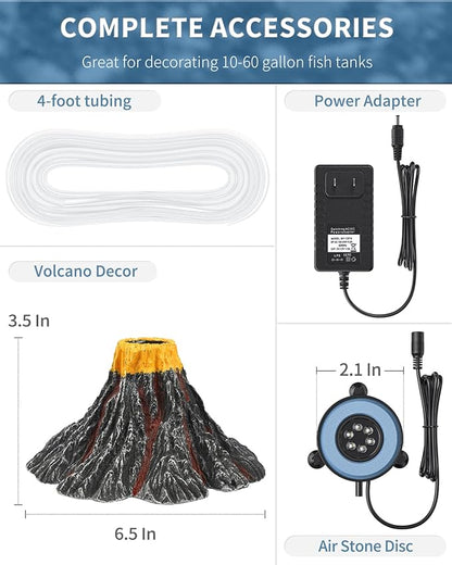 Uniclife Aquarium Volcano Ornament Kit Realistic Resin Volcanic Decoration with Air Stone Bubbler Colorful LED Light Decor for Fish Tank Landscape Addition and Oxygenation