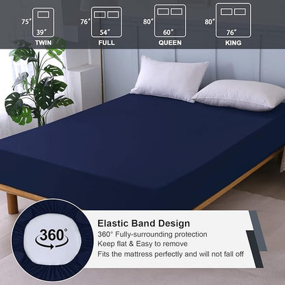 Waterproof Mattress Protector Full, Fitted Sheet Style Breathable Mattress Cover with Deep Pocket Fits Up to 18'', Noiseless Bed Cover for Kids Adults Pets, Machine Washable(Navyblue, 54'' X 76'')
