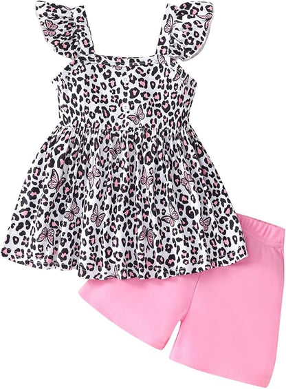 Toddler Baby Girls Summer Clothes Outfits Ruffled Sleeve Dinosaur Shirt Leopard Tops and Shorts Pants Sets 2PCS
