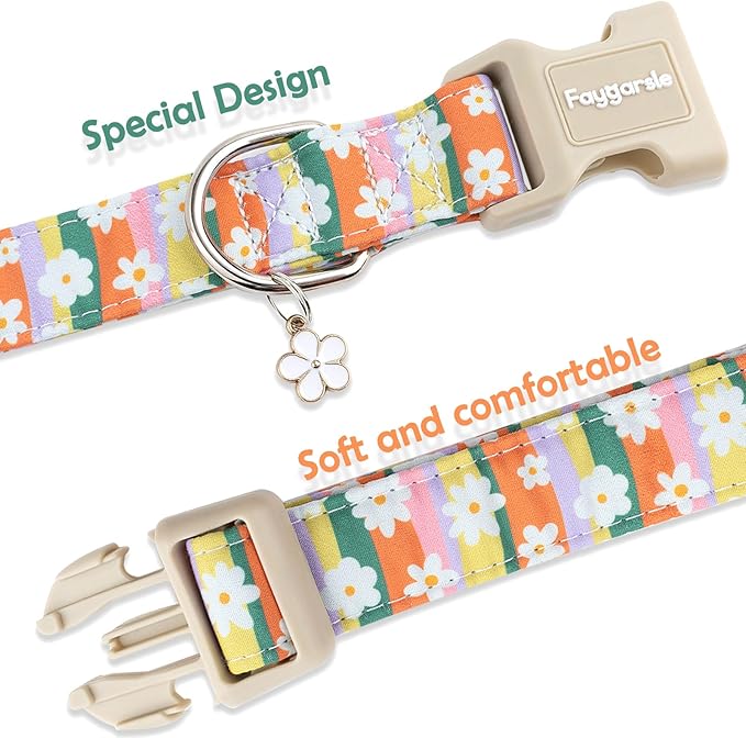 Faygarsle Colorful Floral Dog Collar, Cotton Fabric with Daisy Pattern, Multi-Color Stripes Spring Summer Design for Small Medium Large Dogs M