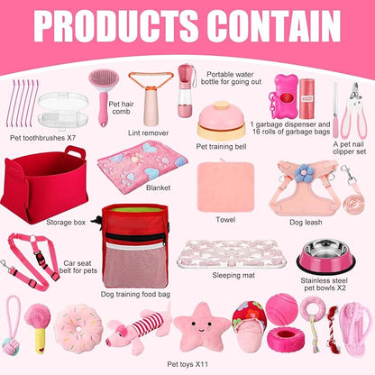 Abbylike 50 Pcs Puppy Supplies Starter Kit for Small Dogs Puppy Essentials Includes Leash, Bowls, Teeth Brushes, Water Bottle, and More Accessories for Dogs Pet Day Welcome Gift(Pink)