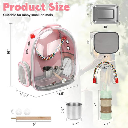 Rypet Bird Carrier Backpack Parrot Portable Breathable Bag Pet Bird Lightweight Travel Cage with Standing Perch and Stainless Steel Tray（Pink）