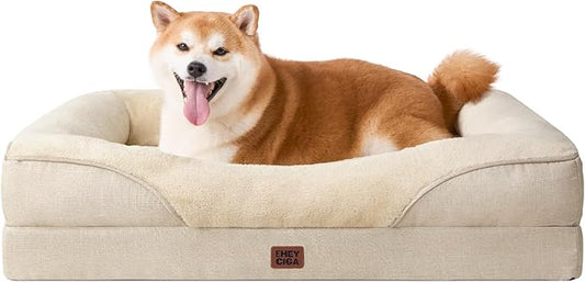 EHEYCIGA Orthopedic Dog Bed for Large Sized Dog, 36x27x7 Inch Large Memory Foam Dog Couch Bed with Sides, Waterproof Liner & Washable Removable Cover, Bolster Pet Sofa, Beige